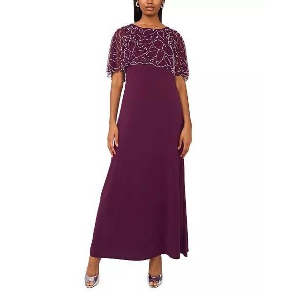 NWD MSK Purple/Silver Beaded Cape Overlay Maxi Gown Dress Size Medium Wedding